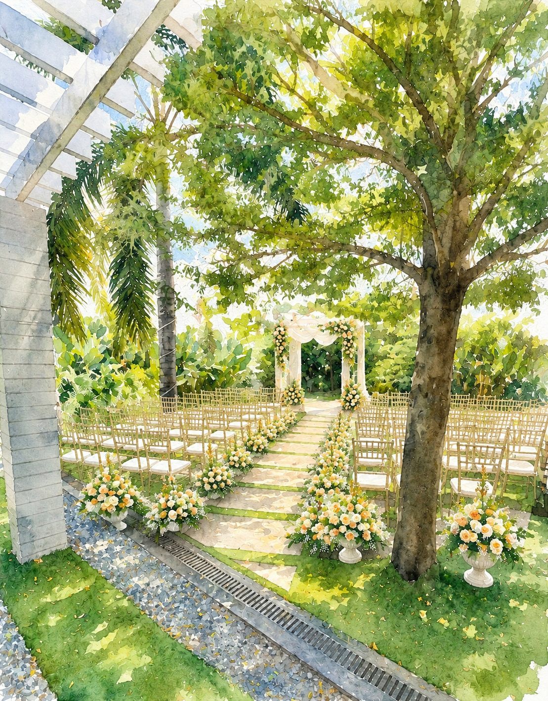 Patio Luisa ceremony garden with floral arch and seating